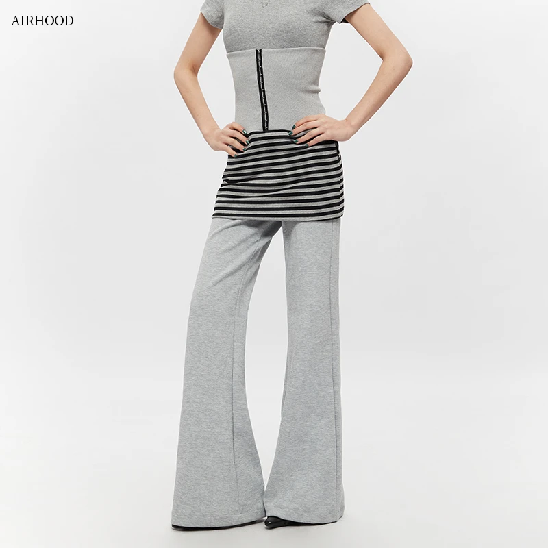 AIRHOOD 收腰拼接设计感修身显瘦运动卫裤高腰微喇休闲裤女春2318