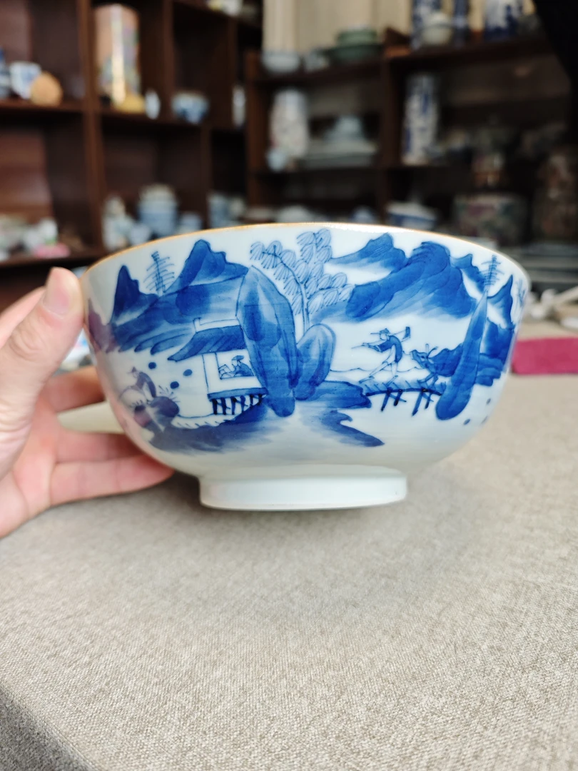 青花山水诗文大碗，全品。