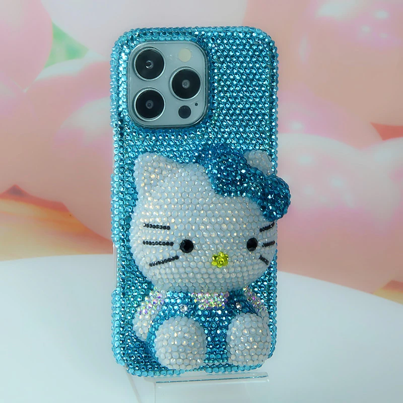 适用网红iPhone14 15 16proMax镶钻湖蓝坐姿KT猫苹果手机壳水钻