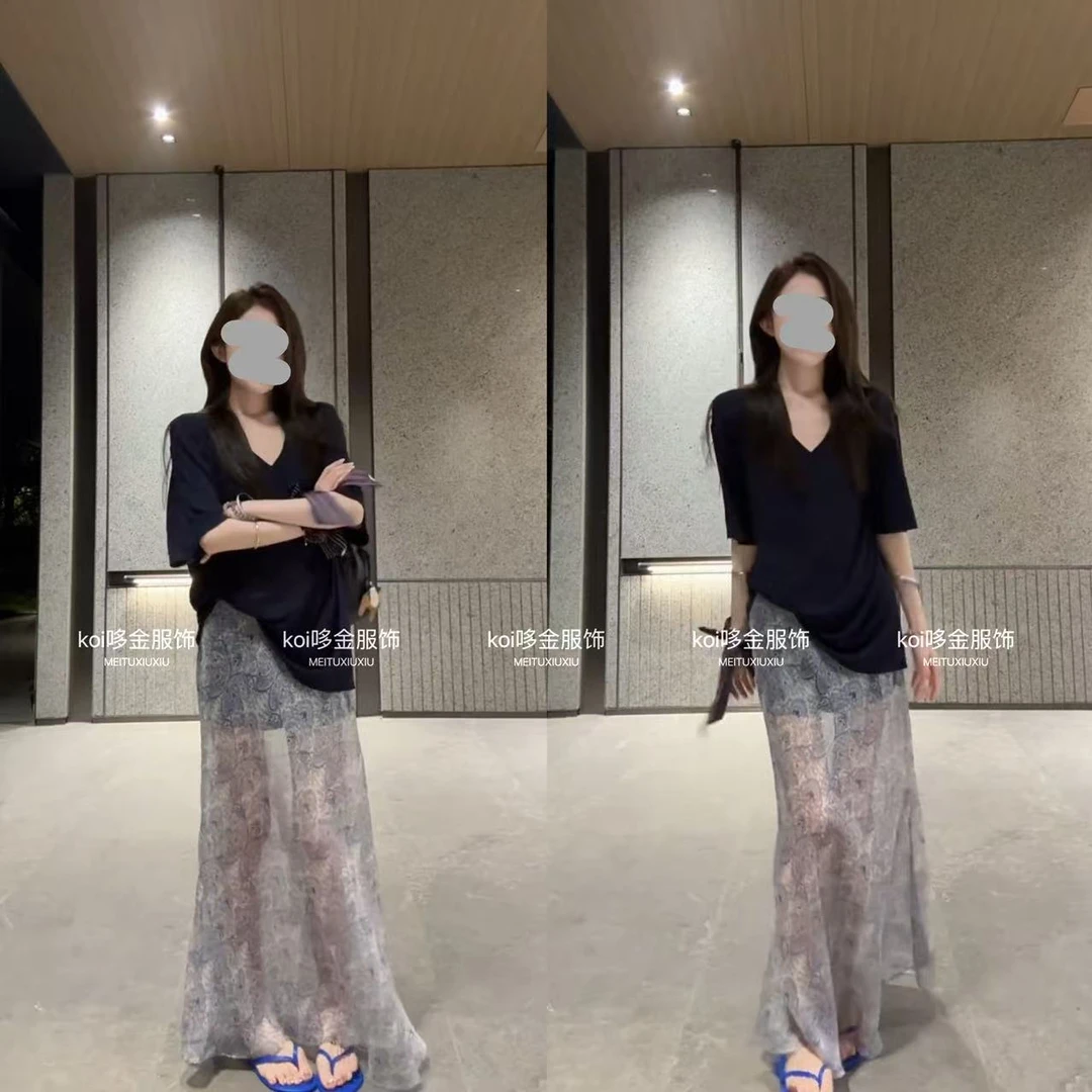 洋气衣服女夏季宽松显瘦短袖T恤纯色上衣百搭微透半身裙气质套装