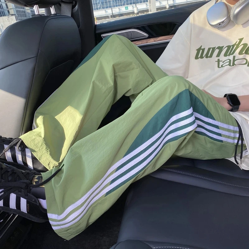 薄荷绿多巴胺速干裤子男女夏季美式潮牌休闲裤三条杠条纹伞兵长裤