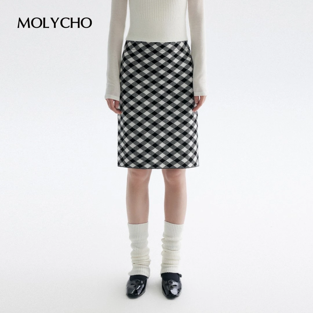 MOLYCHO  |  复古艺术感/黑白菱形格纹毛呢半身裙女/高腰直筒半裙