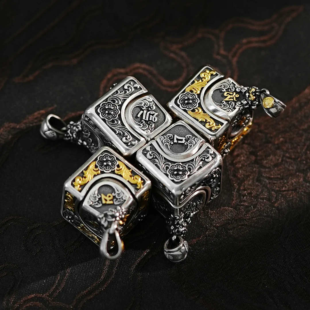 吊坠925银合成锆石 【隐西】国潮机械解压个性六字真言旋转魔方吊坠