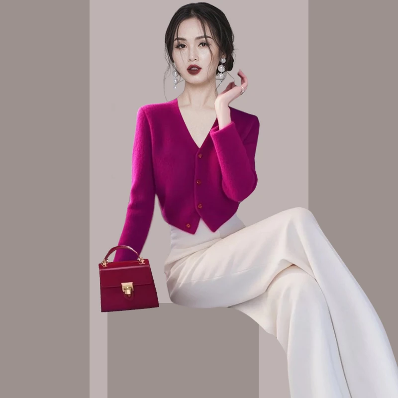 春季穿搭一整套高级感名媛气质小香风玫红色毛衣裤子独特绝美套装