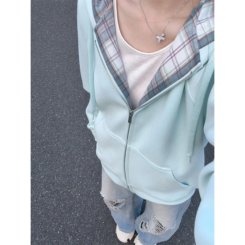 美式复古格纹连帽卫衣男女款秋季穿搭高级感重磅拼接外套情侣上衣