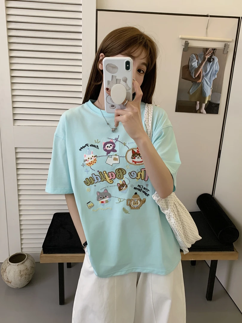 程程甄选 重工刺绣字母猫咪小众时尚休闲短袖929