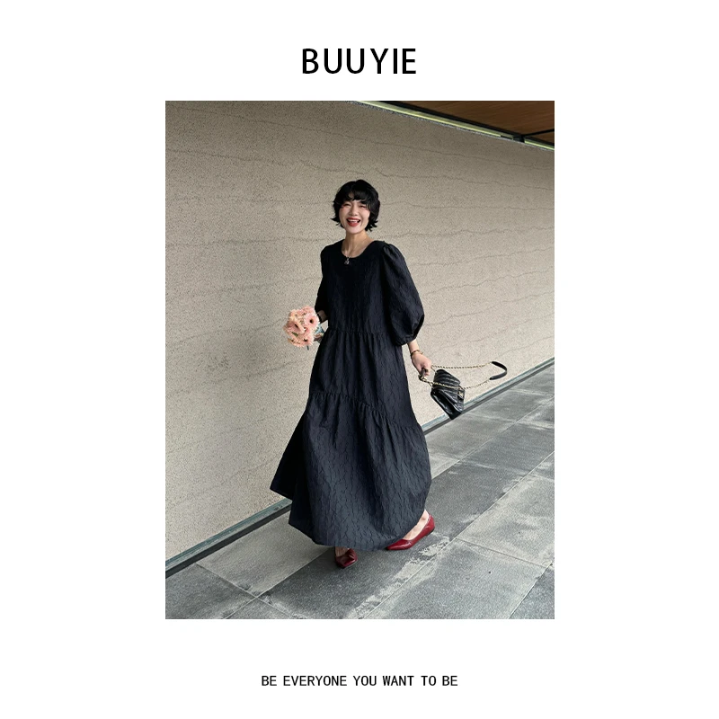 BUUYIE 25SS【叙别】宽松显瘦高级感泡泡袖黑色连衣裙 250424