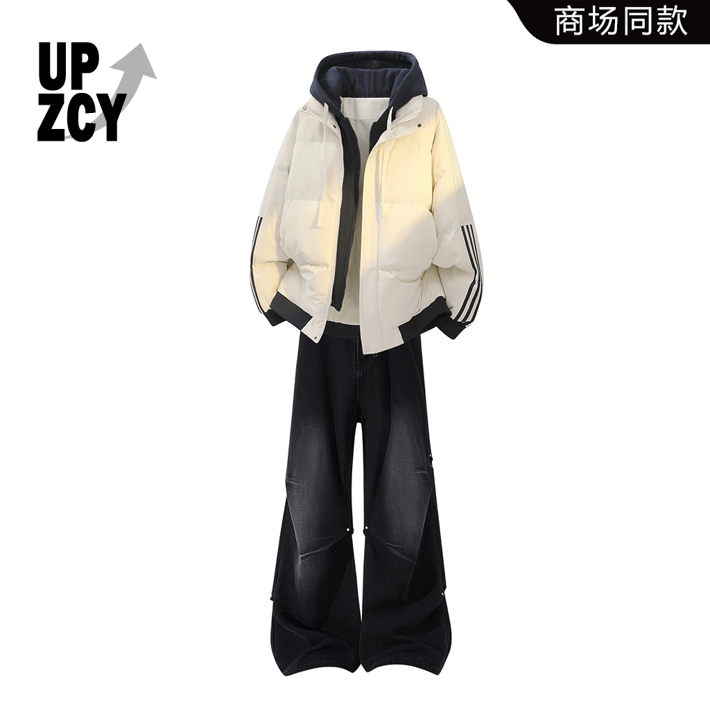 UPZCY美潮休闲复古街头潮牌棉服套装2025冬季新款铆钉水洗牛仔裤