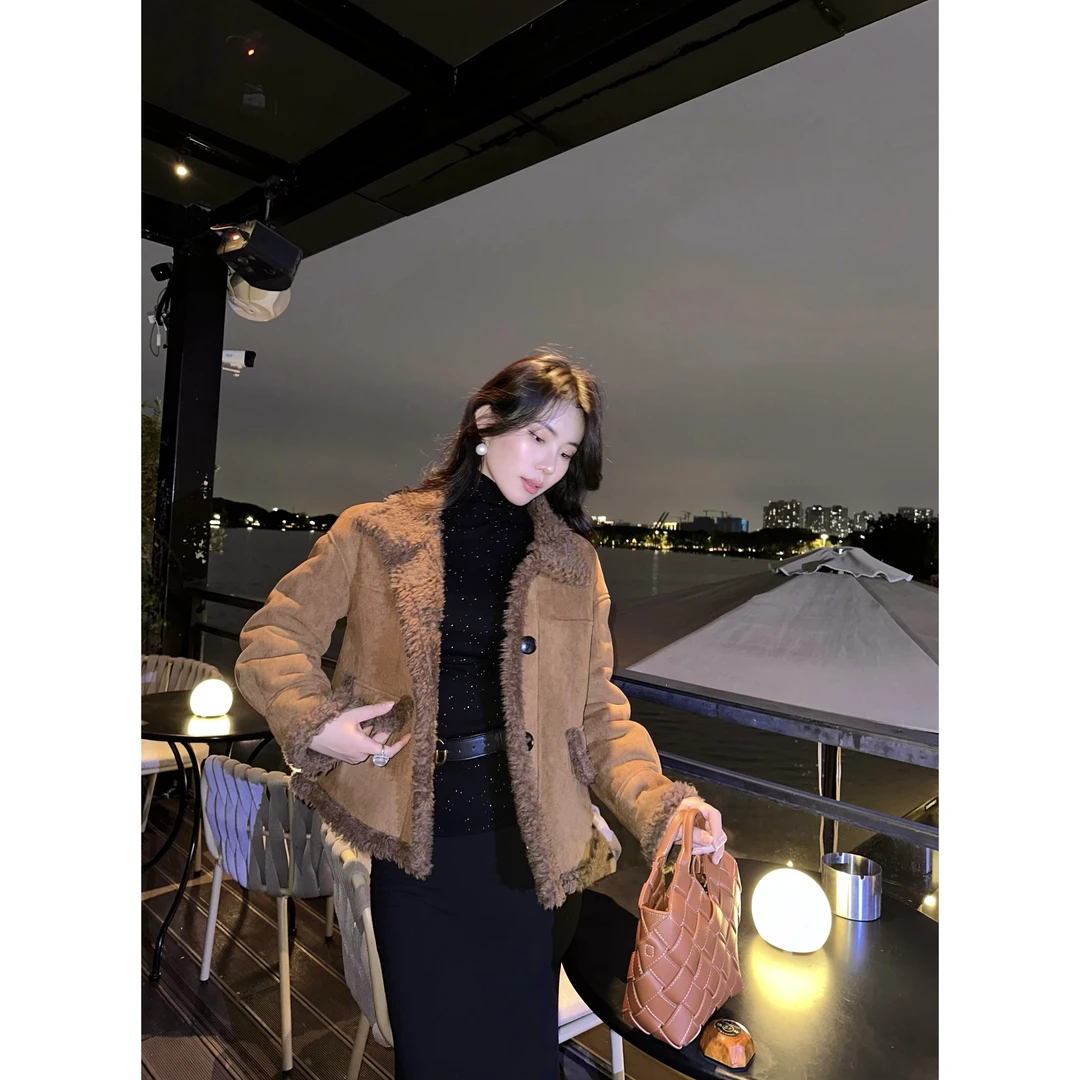 亦雯【富士山下】秋冬海宁两面穿皮毛一体美拉德色系保暖毛绒外套