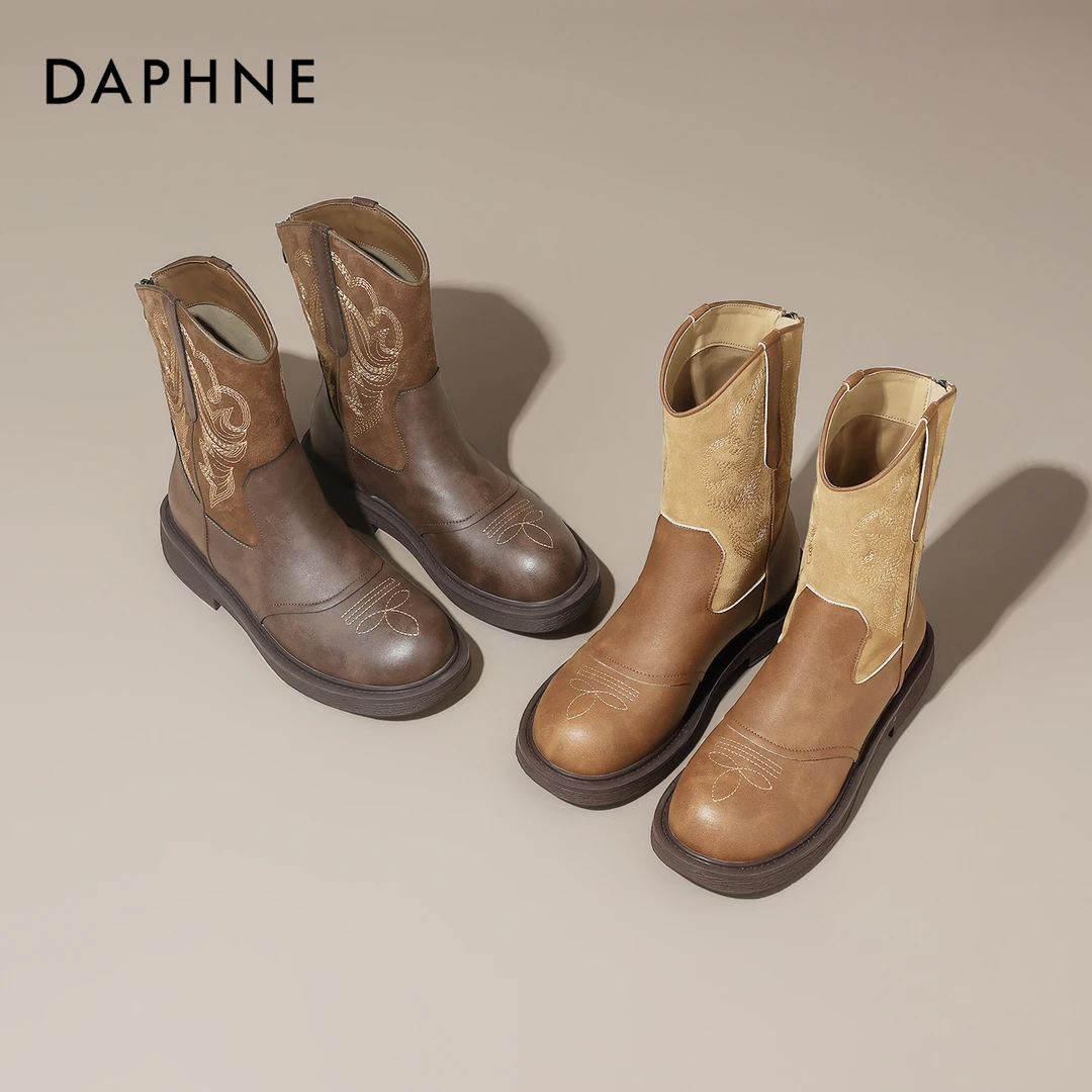 达芙妮网红爆款复古西部牛仔靴女2025秋季流光风短靴新疆草原靴子