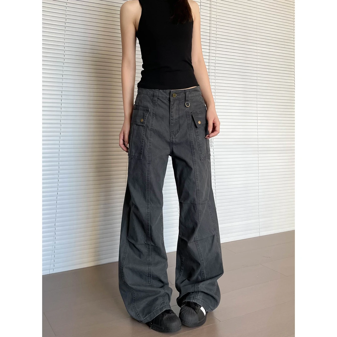 美式复古多口袋工装裤女夏季新款设计感褶皱休闲宽松直筒微喇裤子
