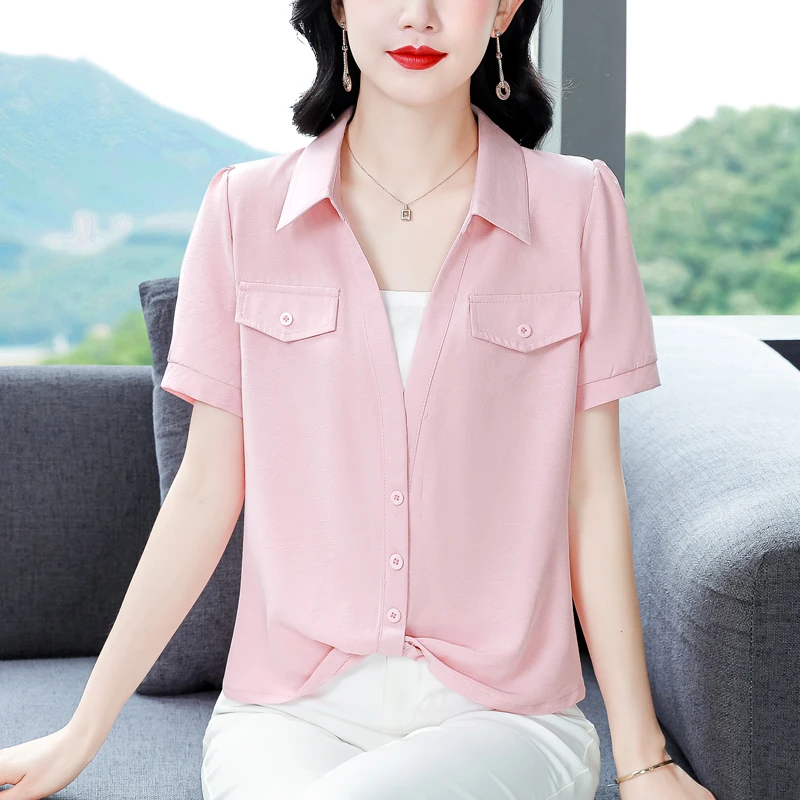 夏季中年气质设计感假两件显瘦宽松遮肚洋气衬衣上衣短袖衬衫女