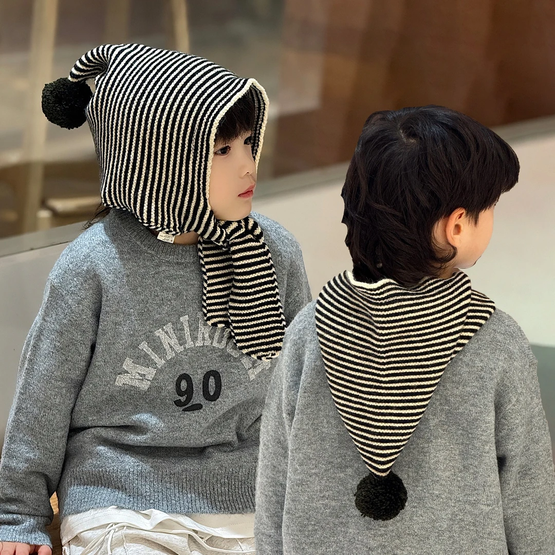 男童帽子围巾一体条纹保暖冬天针织毛线韩版男孩潮款儿童护耳冬季