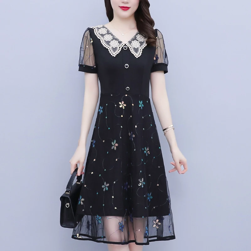 CD#6816 大码女装2025夏季韩版胖mm镂空绣花网纱拼接显瘦减龄连衣