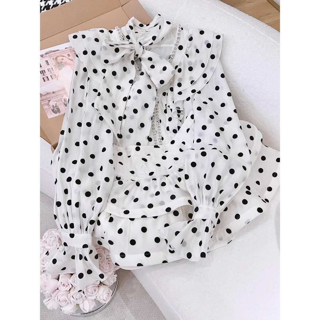 丨夏季新款白色时尚法式波点系带蝴蝶结长袖衬衫短裤 2945