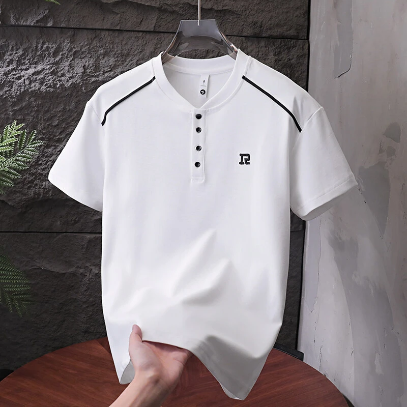 polo常规休闲通用短袖缉明线亨利领商务上衣夏季中年修身T恤纯色