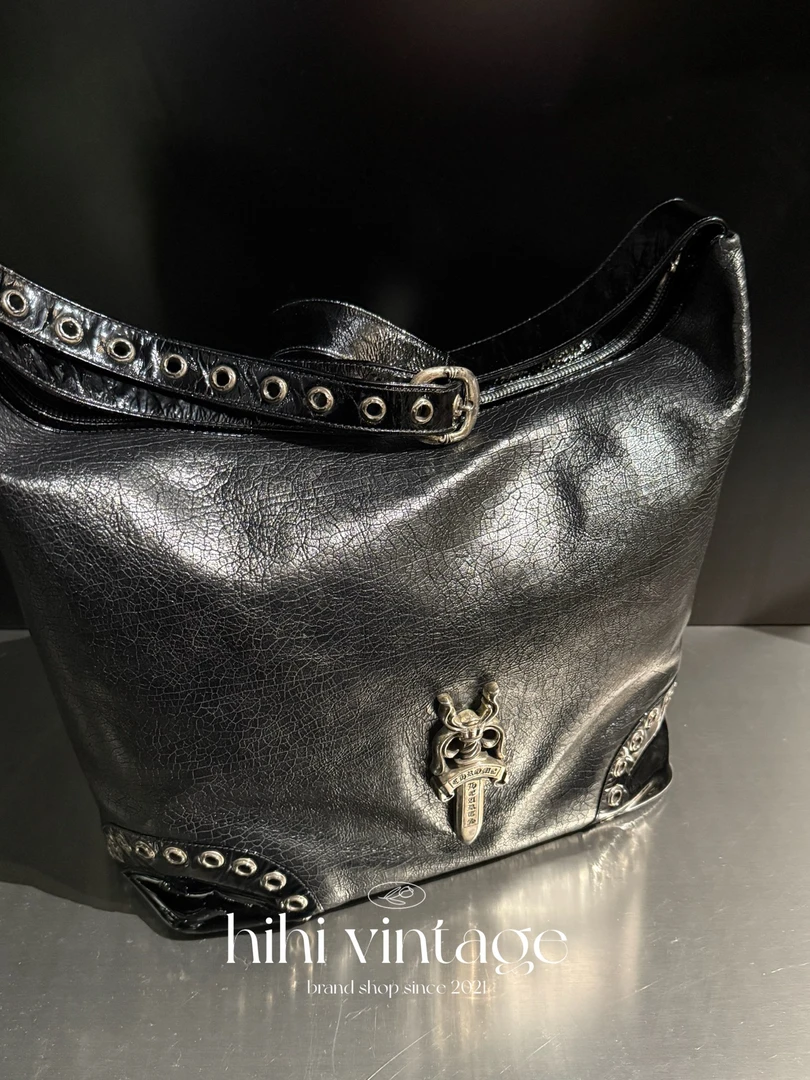 99新 Chrome Hearts/克罗心 HIHI/黑银拼皮单肩包/14468873