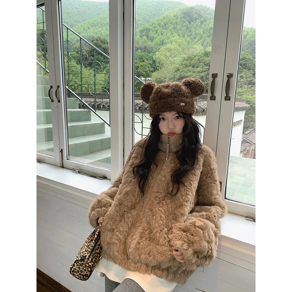 暮光琥珀 冬季新款剪花工艺环保皮草立领皮毛一体保暖毛毛外套女