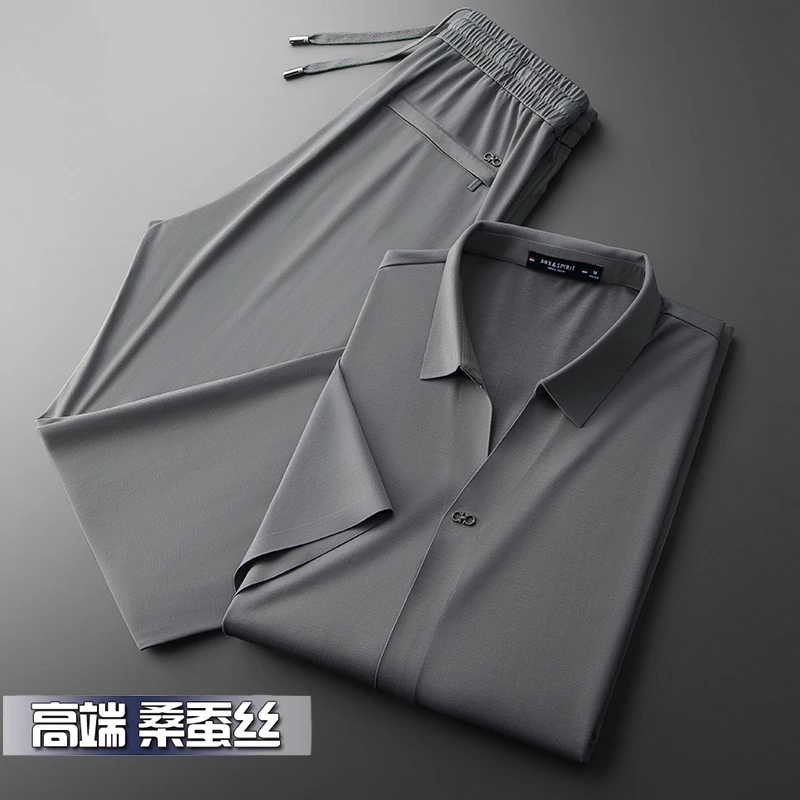 桑蚕丝凉感夏季休闲套装男薄款中年运动透气垂感大码宽松免烫短袖