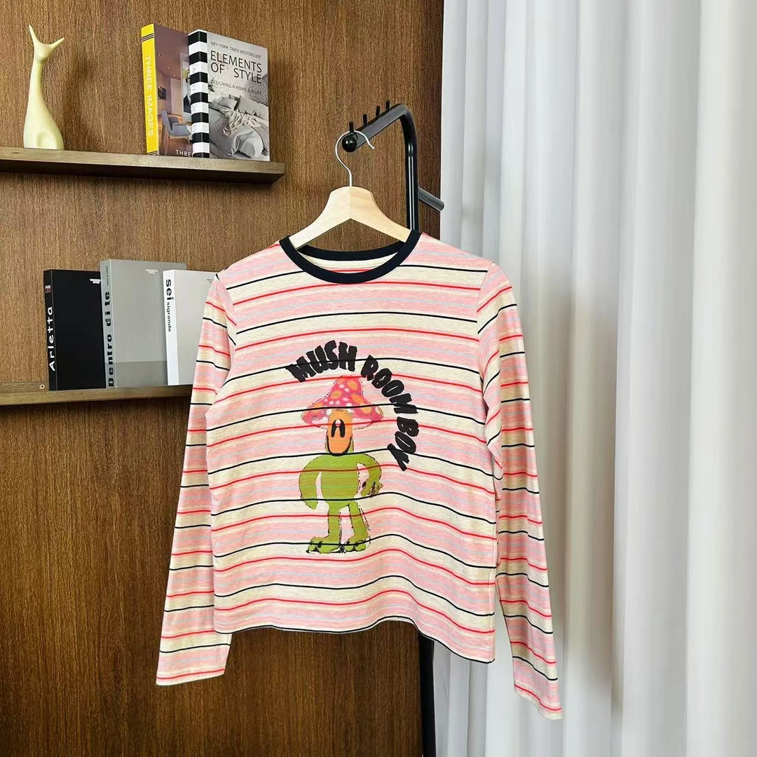 Diana-Tamara陈想 个性手绘印花粉条纹蘑菇头长袖T恤 CX24LS1011