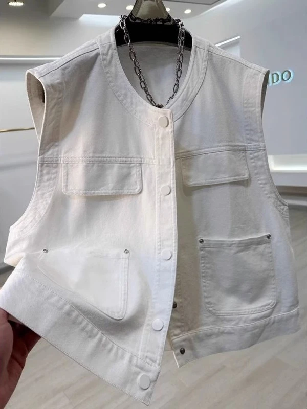 东大门薄款大码高品质白色牛仔无袖马夹女春夏工装口袋叠穿马甲秋