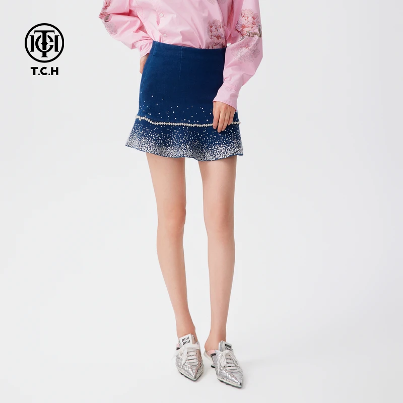 轻奢-TCH2025秋季新款时尚烫钻牛仔半裙设计感半身裙女T72C228012