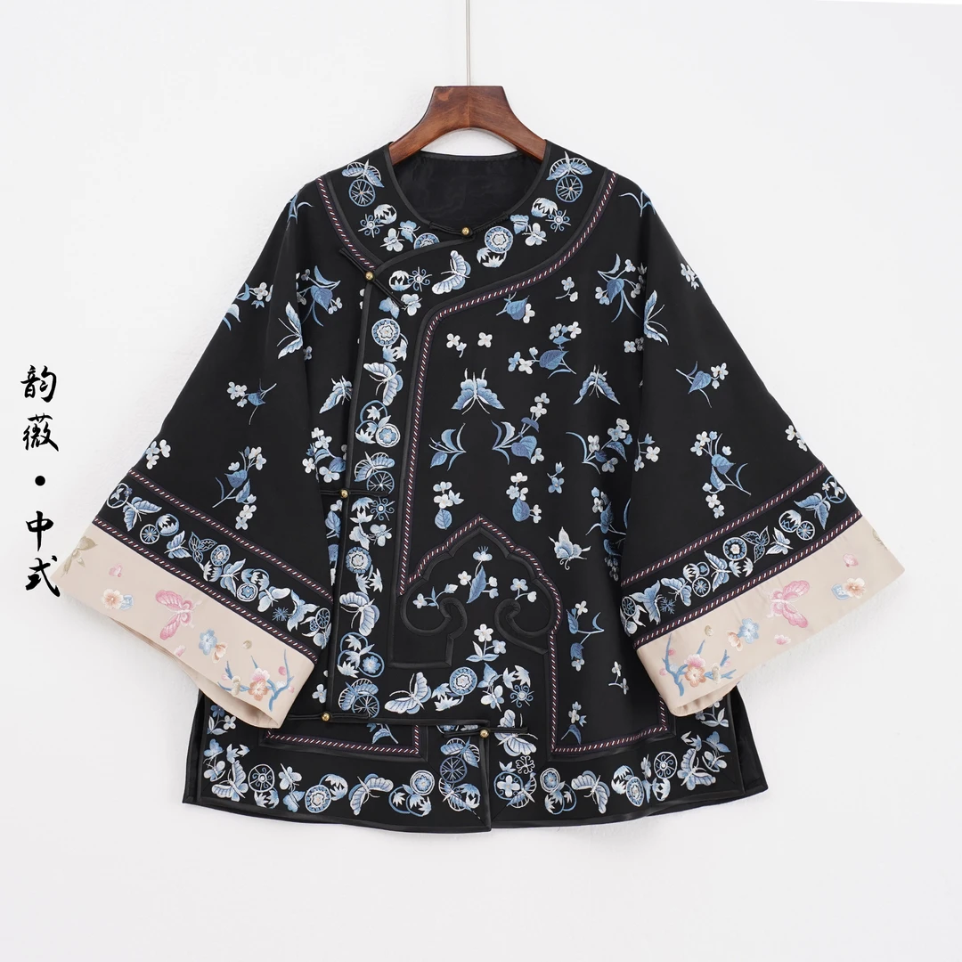 薄款时尚刺绣新中式外衣日常女装衬衫圆领上衣长袖