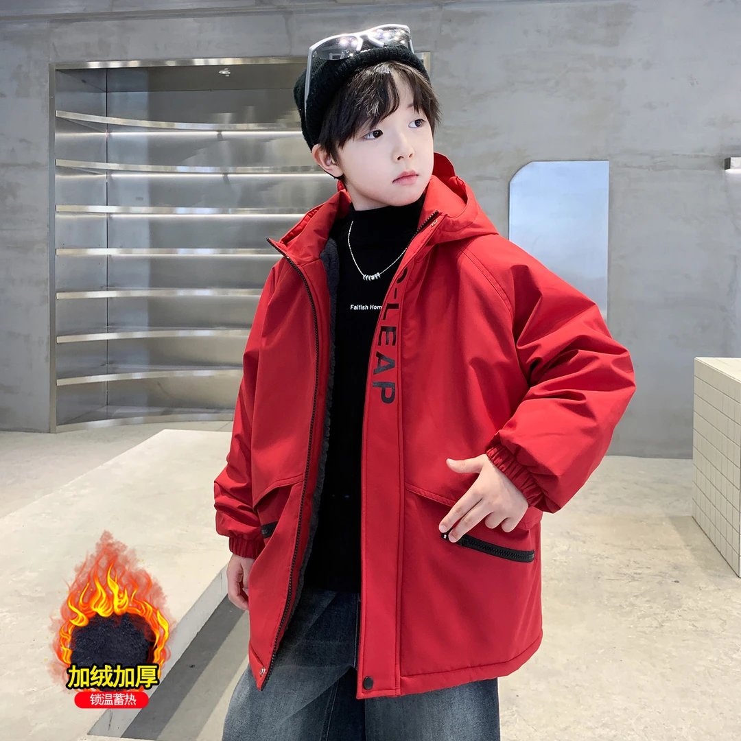 男童加绒派克服冬季外套锁温加厚5-12岁中大童连帽上衣男孩洋气潮