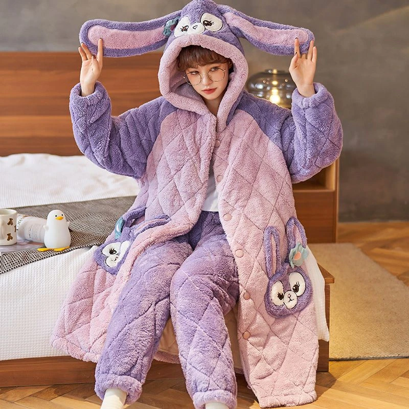冬季保暖三层夹棉加厚加绒睡袍长裤套装男女士可爱卡通连帽家居服