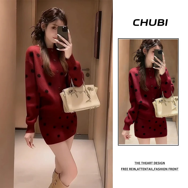 温柔风时尚波点套装女2025新款秋冬穿搭小香风上衣半身裙两件套潮