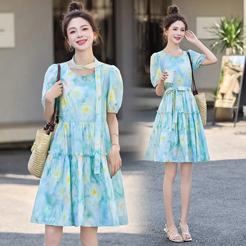 法式碎花连衣裙女2025夏季新款小个子收腰洋气温柔气质中长款裙子