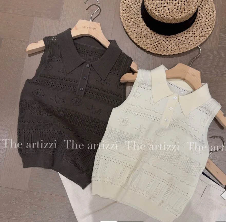 XiANJiE 2025夏季新款时尚韩系钩花镂空翻领背心针织衫
