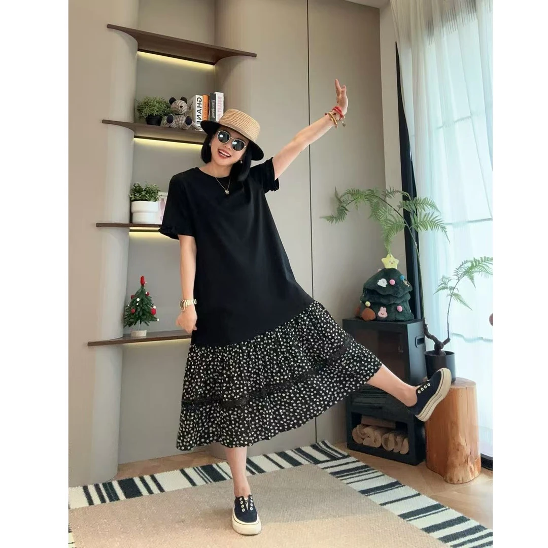 夏季蕾丝拼接小碎花短袖连衣裙5-5-1