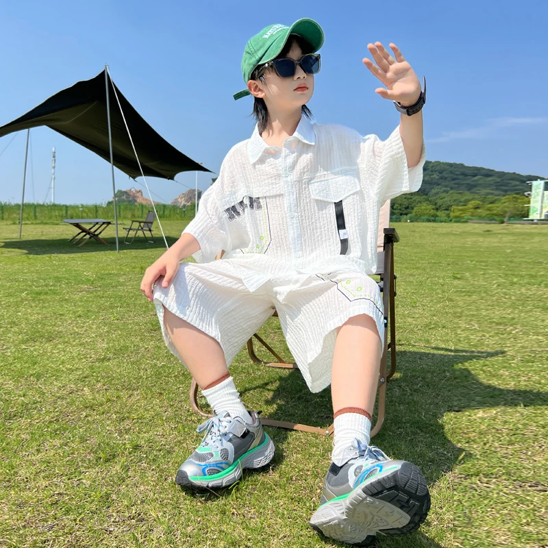 男童夏装套装2025新款中大童夏季休闲帅气男孩儿童短袖衬衫两件套