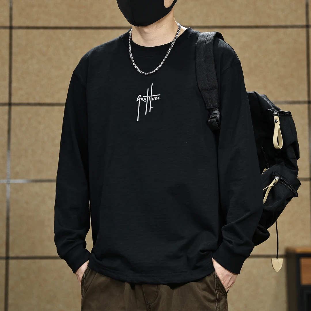 美式高端竹节棉t恤男春秋季宽松大码圆领上衣男士纯棉长袖T恤潮