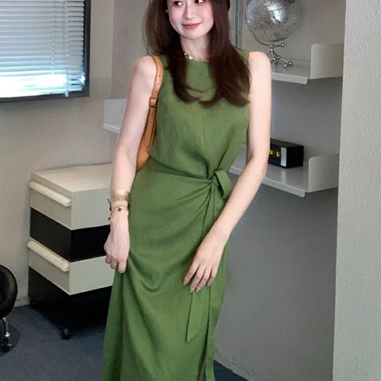 美树 Y.JIA 伊嘉-气质亚麻围裹一片式绑带收腰显瘦连衣裙1031-5