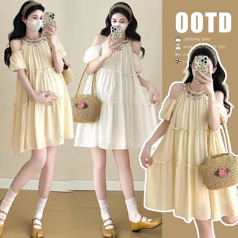 孕妇装夏装连衣裙时尚小个子韩版宽松夏季孕妈妈减龄露肩雪纺裙子