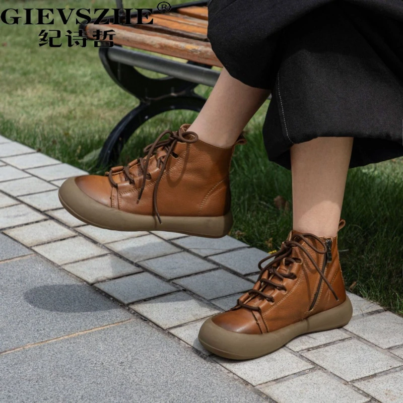 纪诗哲头层纳帕牛皮复古短靴女超软舒女士复古黄头层牛皮内增高