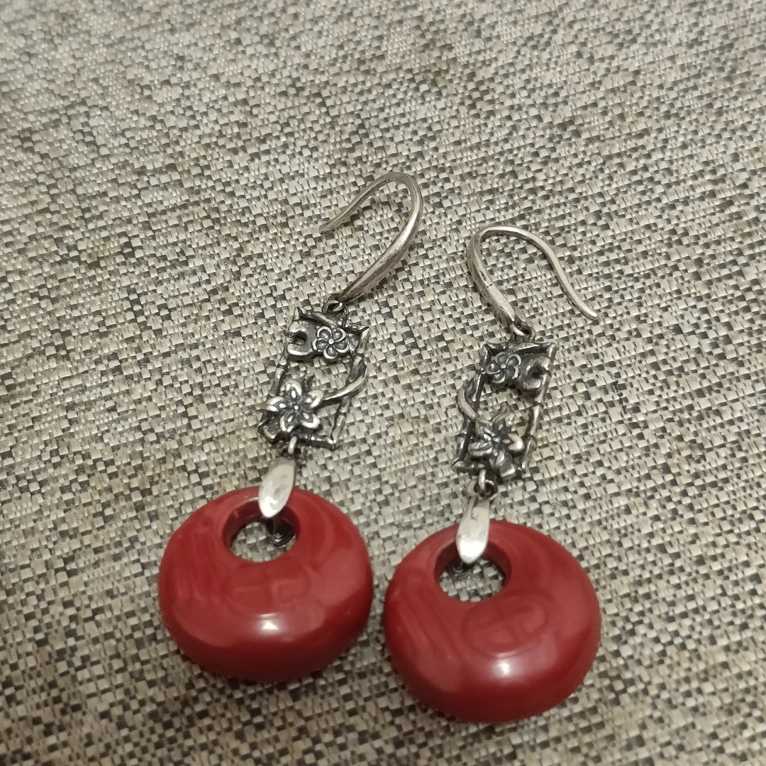 天然辰砂通体S925银镶嵌天然朱砂钱袋子耳坠