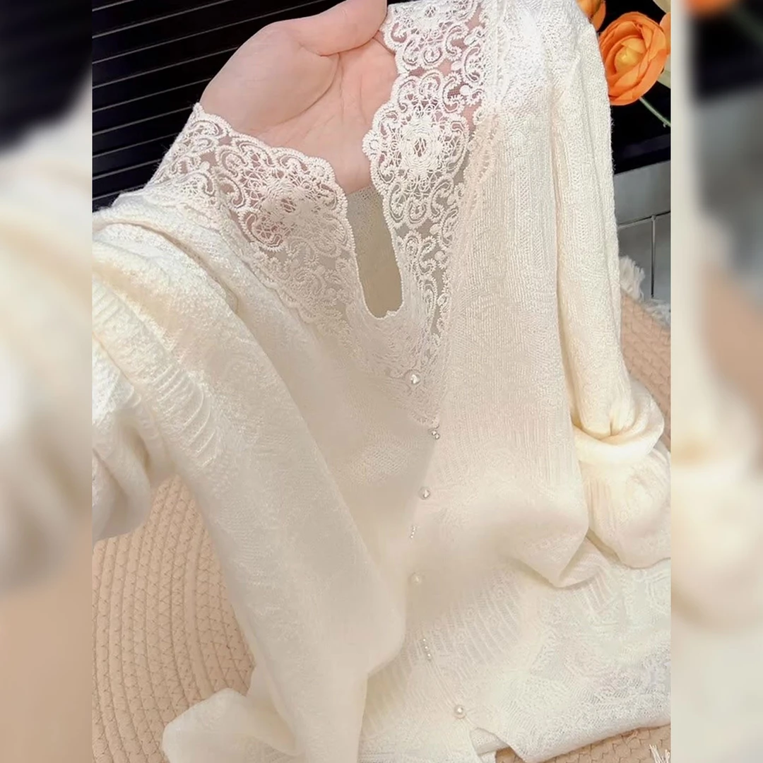 杏色显瘦针织衫高级感钉珠设计百搭气质温柔薄款长袖上衣早秋2025