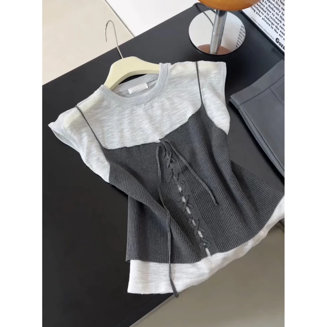 韩系高级感灰色假两件绑带针织衫女夏季小众别致通勤拼接短袖上衣
