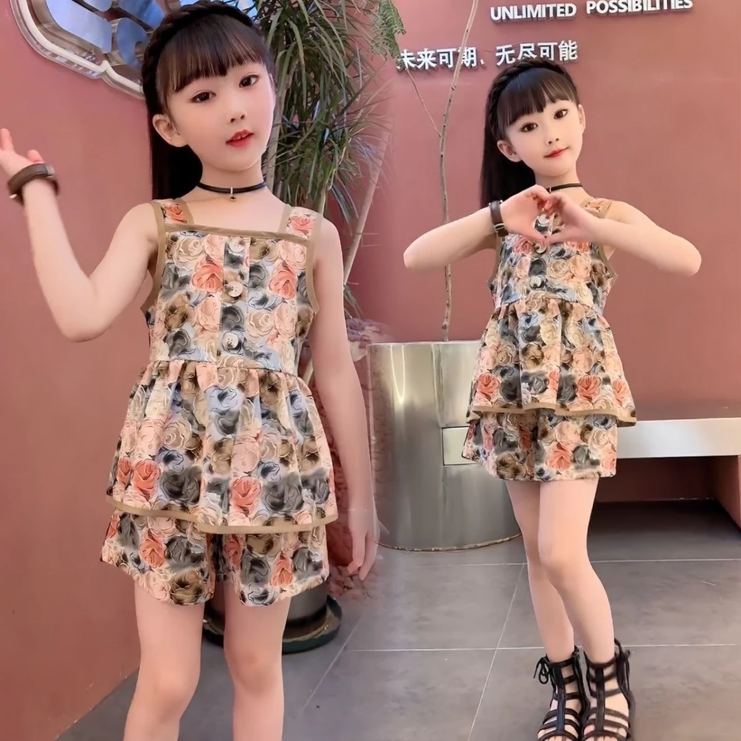 女童短袖套装夏装2025新款中大童韩版网红无袖娃娃衫短裤两件套薄