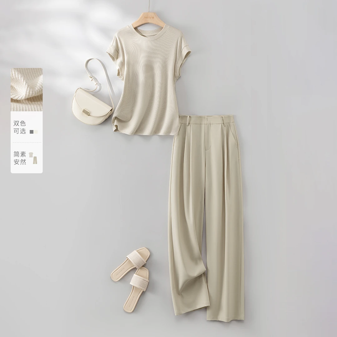 IHIMI/海谧格雷灰通勤风套装2025夏季新款T恤休闲裤舒适整装0165