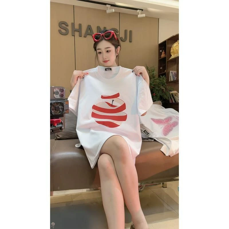 新款(丝带苹果)ins高颜值纯棉潮牌气质款圆领烫钻T恤宽松休闲夏季
