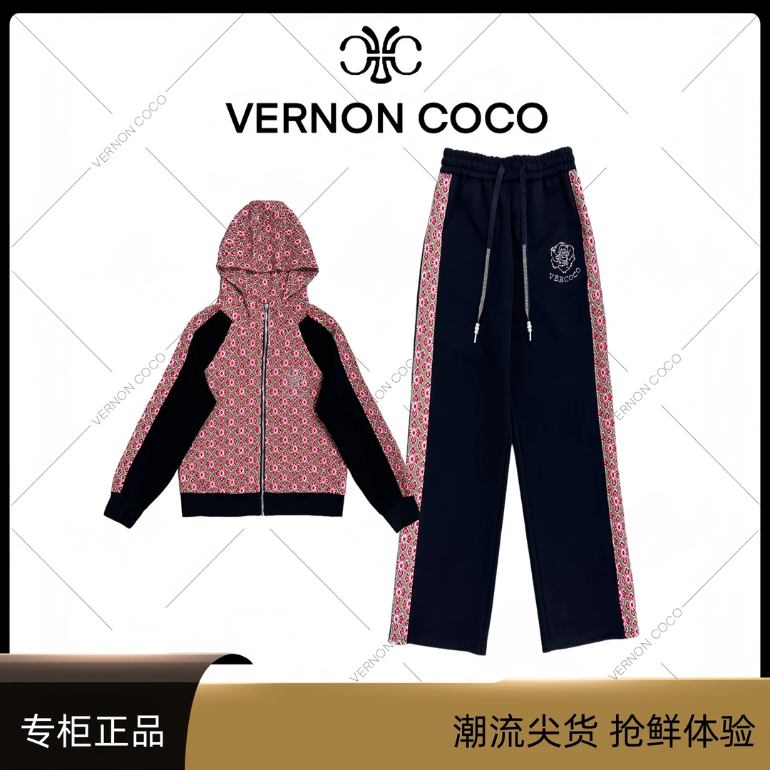 【VERNON COCO】Y30秋季连帽拼接烫钻休闲气质套装VC529