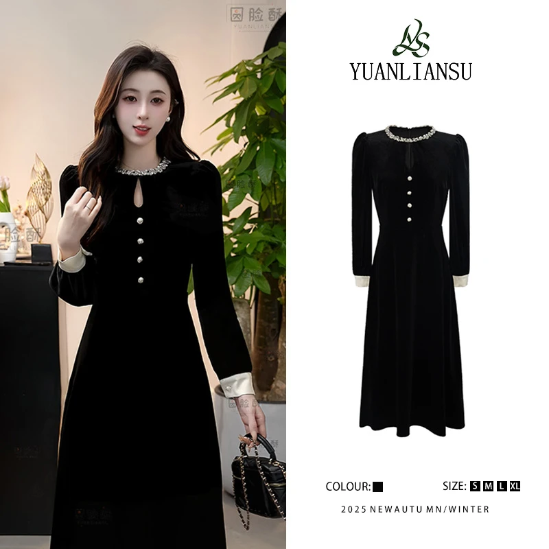 YUANLIANSU/圆脸酥【潇湘夜雨  】法式小香风黑色丝绒显瘦连衣裙女