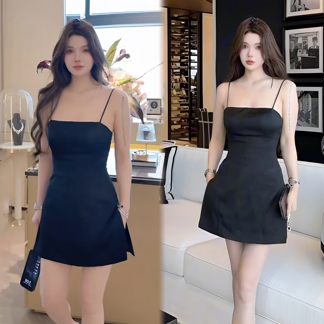 2025夏季新款优雅弧度高级感新款开叉百搭时尚气质小黑裙连衣裙女