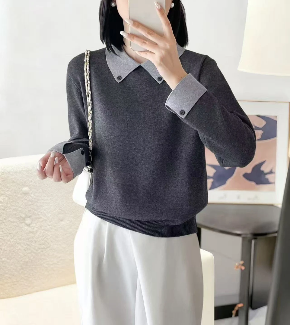 G【灰精灵】 方领时尚百搭长袖针织T恤女2025年秋冬新款气质上衣1