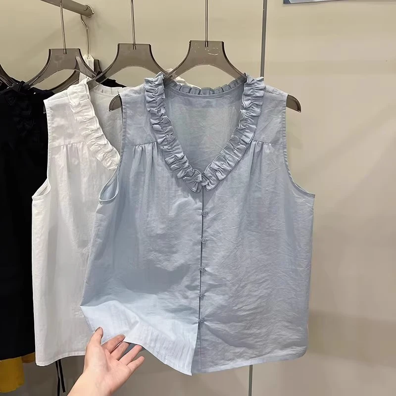 韩系甜美小个子木耳边无袖纯棉衬衫女2025夏新款宽松显瘦背心小衫