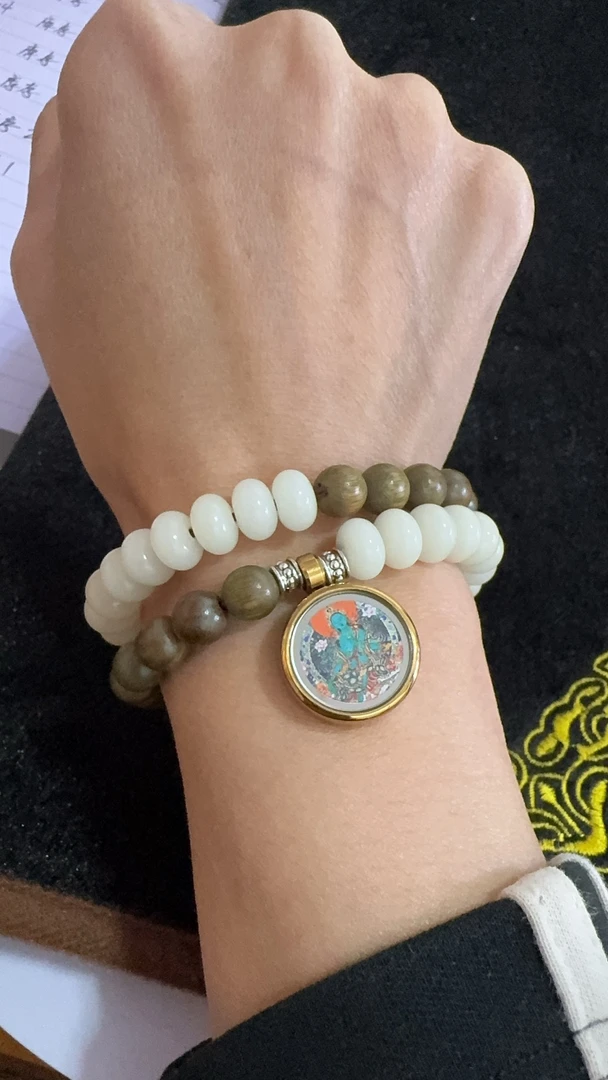 非金属木质手链 绿檀白菩提子度母坠双圈